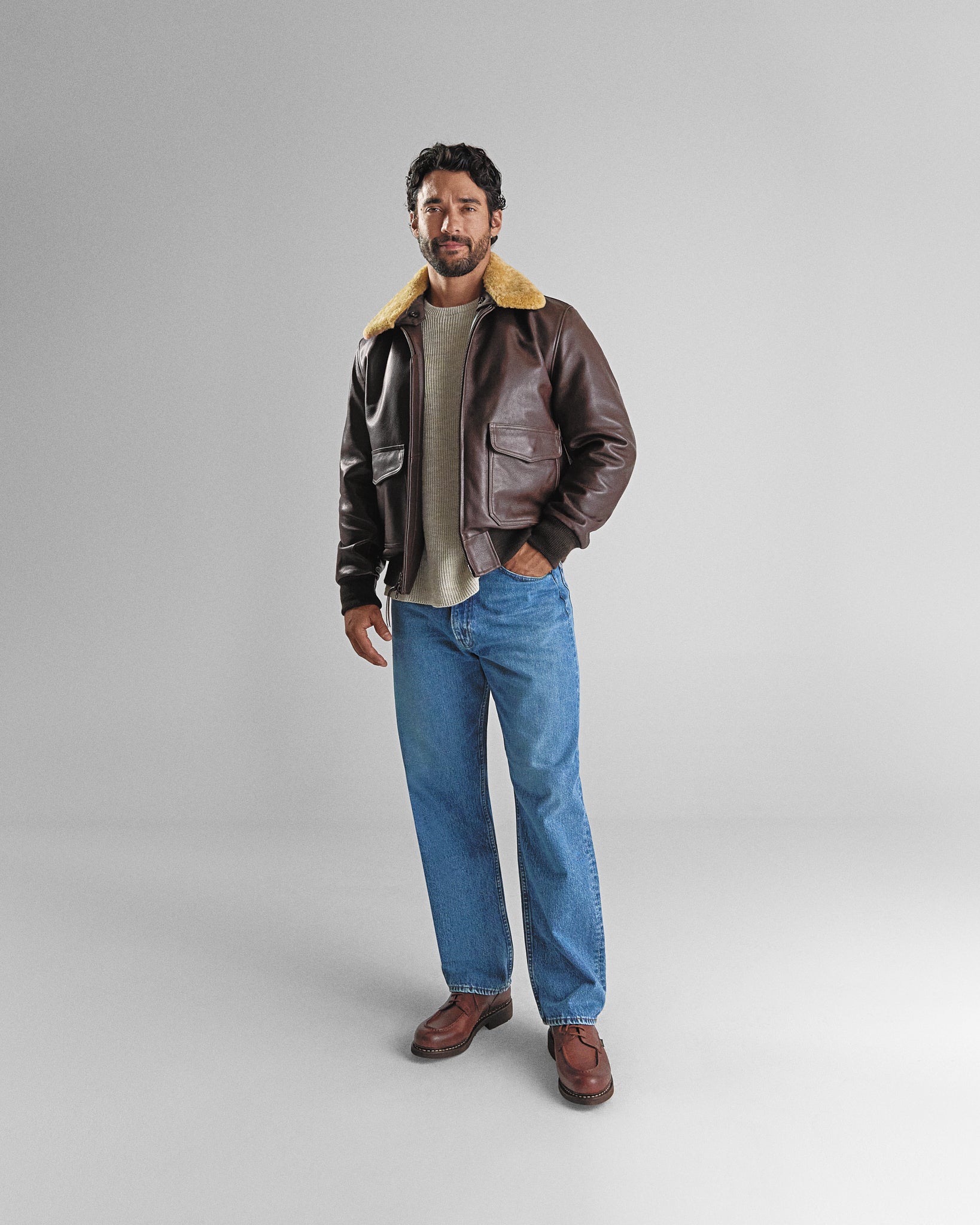 THE CARTER - Brown Leather Bomber Jacket Classic Fit