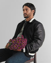 THE BYRON - Black/Black Contrast Stripe Knit Collar Varsity Jacket Classic Fit